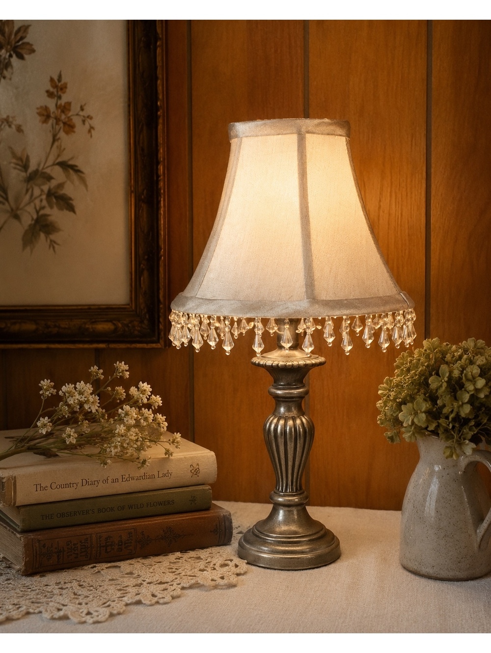 Vintage Beaded Bell Lamp Shade Champagne Satin Fabric Chandelier Style 7”